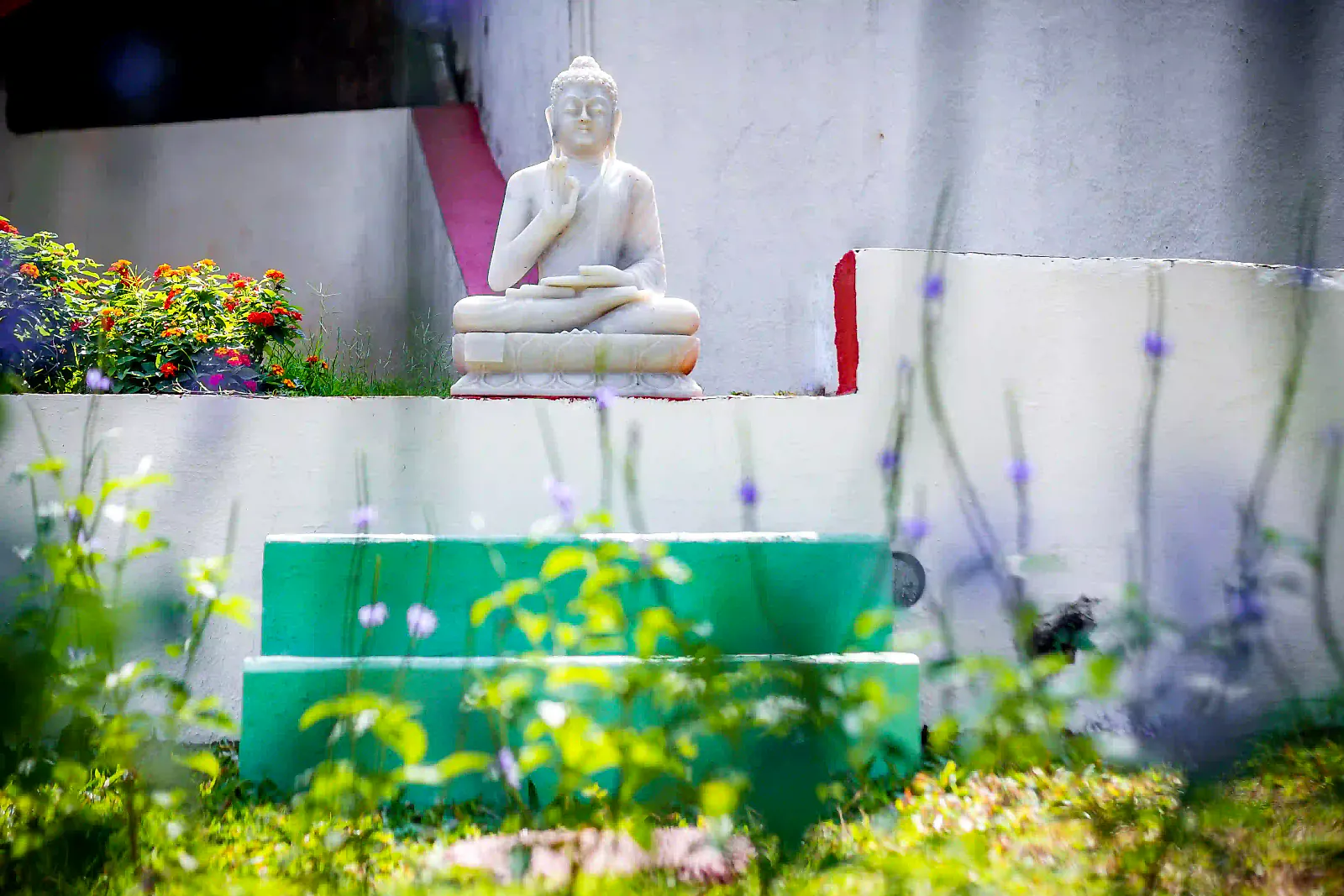 A white Buddha statue in a garden of flowers