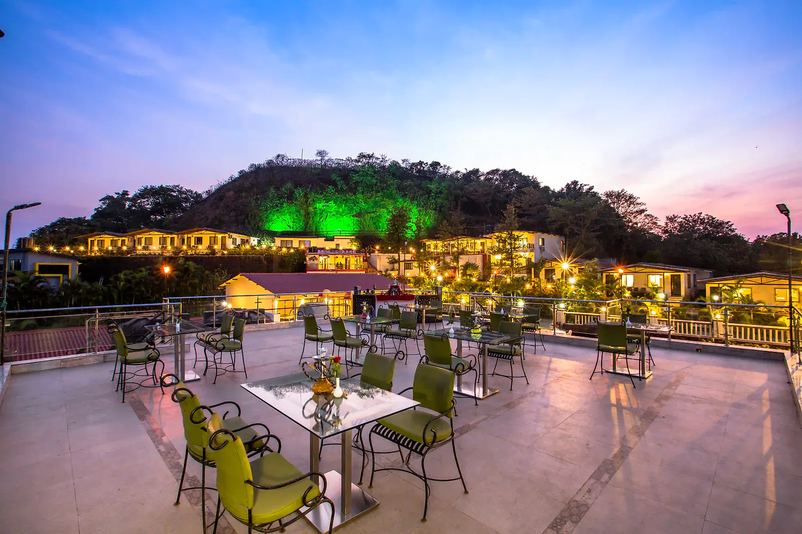 Rooftop tables at dusk