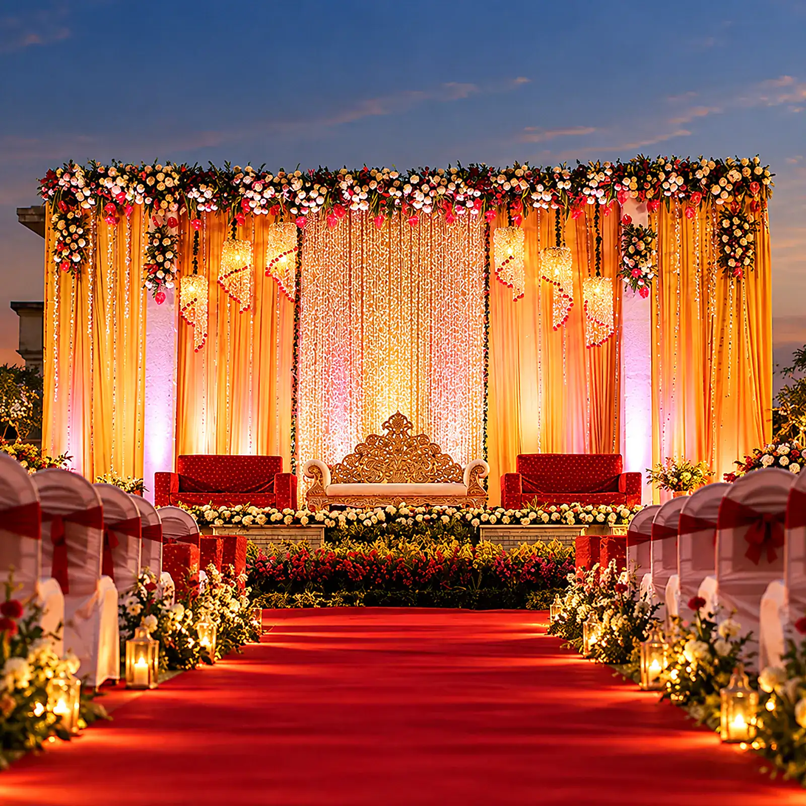 A wedding stage glowing with flowers and lights at dusk on the Cloud 9 lawn