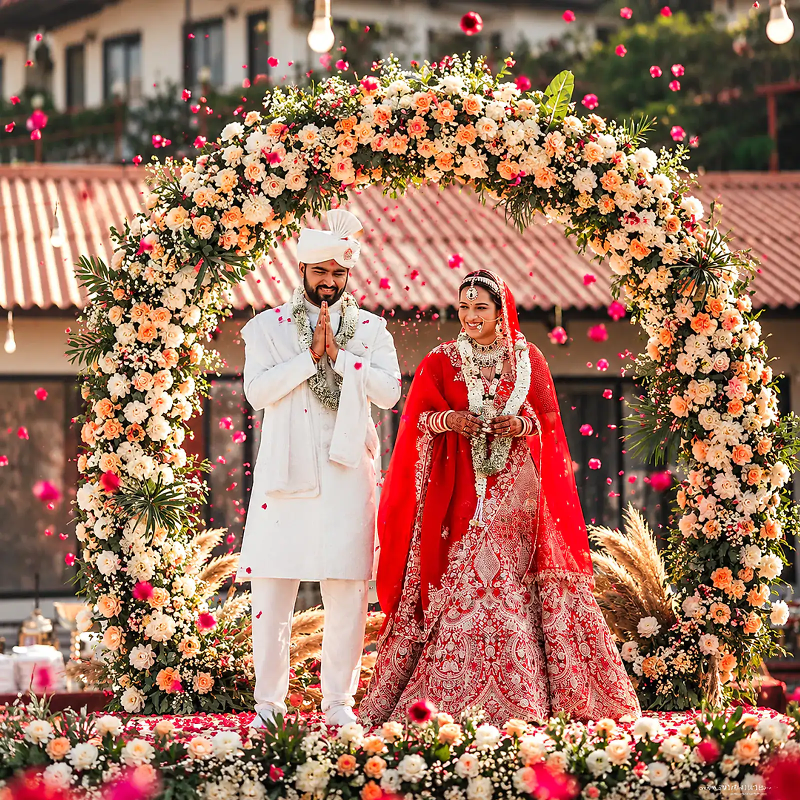 Bride and groom standing beneath a floral arch on the lawn at Cloud 9, the groom greeting guests with folded hands