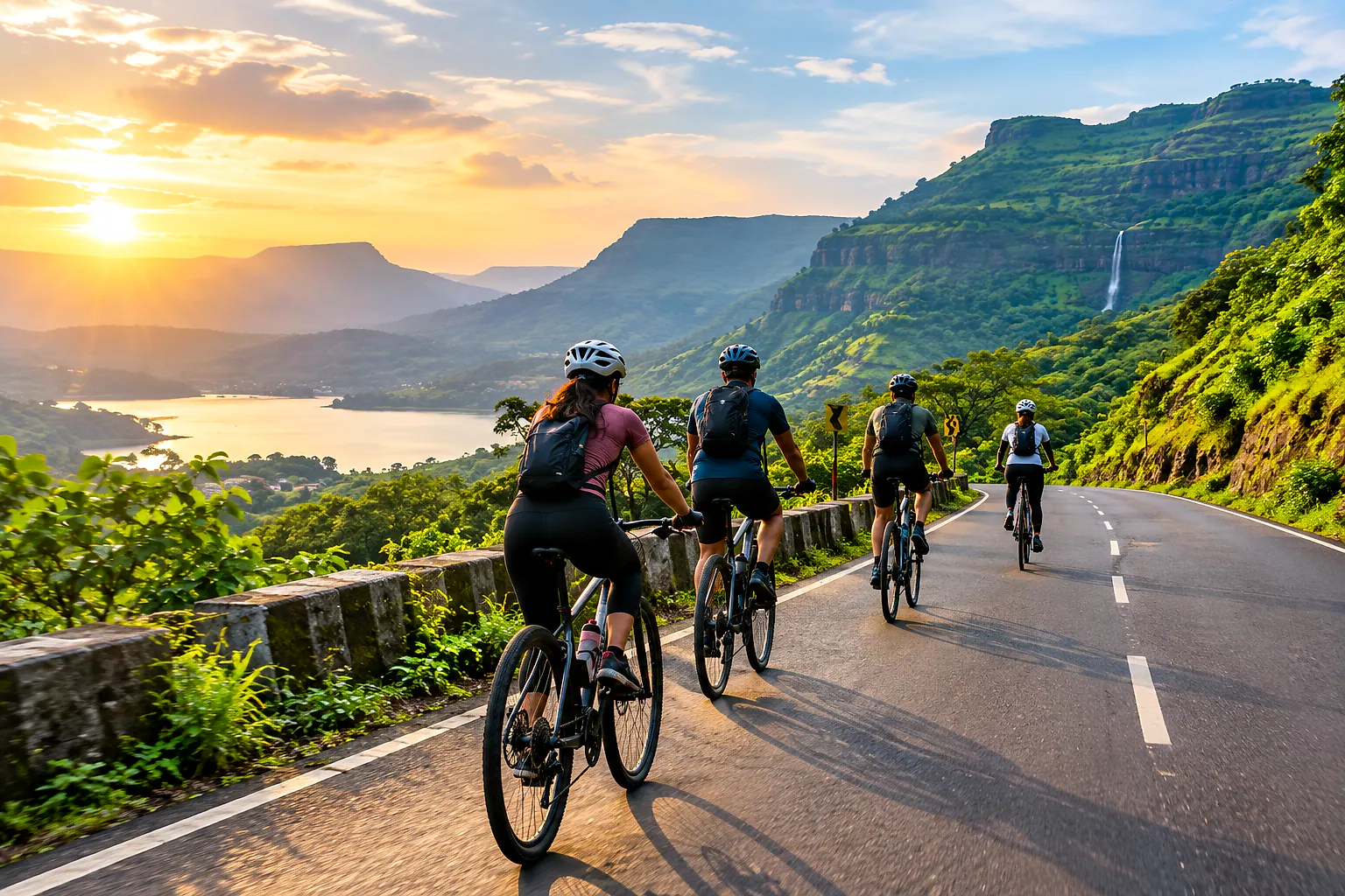 Cyclists riding a winding ghat road above the Lonavala valley
