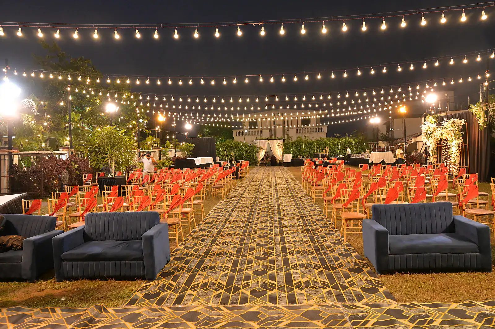 The lawn under string lights